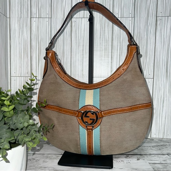 Gucci Vintage Canvas Leather Hobo Shoulder Bag with Web Stripe & GG Logo - Picture 1 of 13